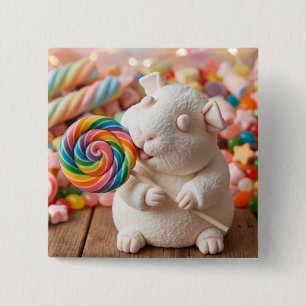 Grillige Marshmallow Cavia en Lolly Vierkante Button 5,1 Cm