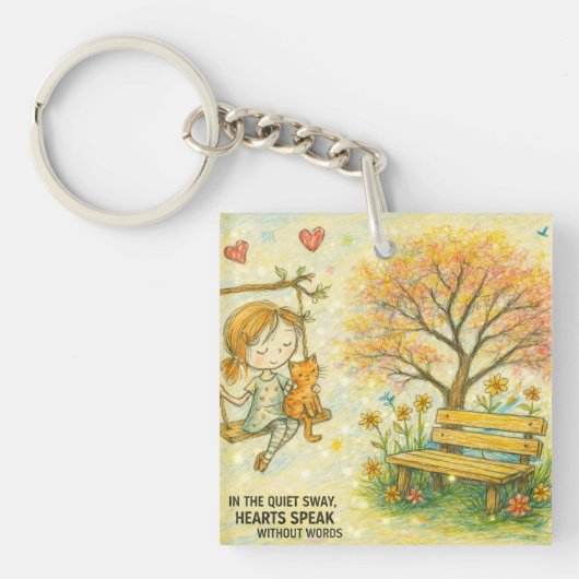 Grillige Meisje en Oranje Kat Tuin Sleutelhanger (Voorkant)