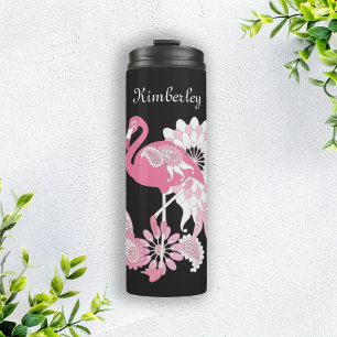 Grillige Moderne Zwarte Roze Flamingo Thermosbeker