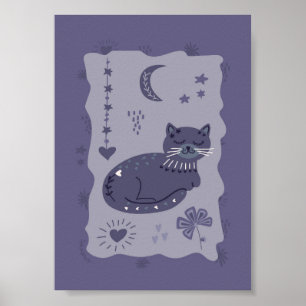 Grillige Nacht Kat Volkskunst Poster