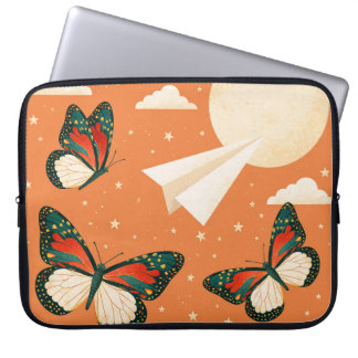 Grillige Oranje Boho Natuur Vlinder Maan Laptop Sleeve