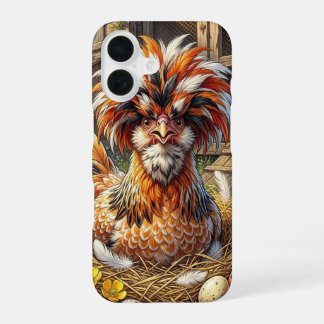 Grillige Oranje en Witte Poolse Kippenren iPhone 16 Hoesje