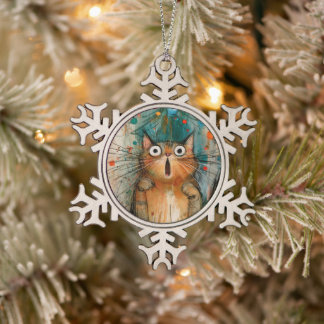 Grillige Oranje Verraste Kerstboom Kat Tin Sneeuwvlok Ornament