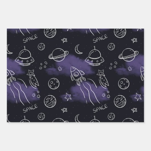 Grillige Paarse Outer Space Naadloos Patroon Inpakpapier Vel (Voorkant)