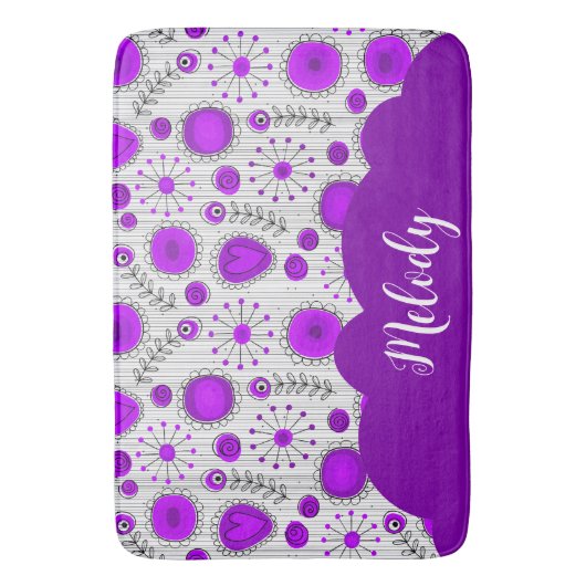 Grillige paarse witte harten bloemen bloem naam badmat (Voorkant Verticaal)