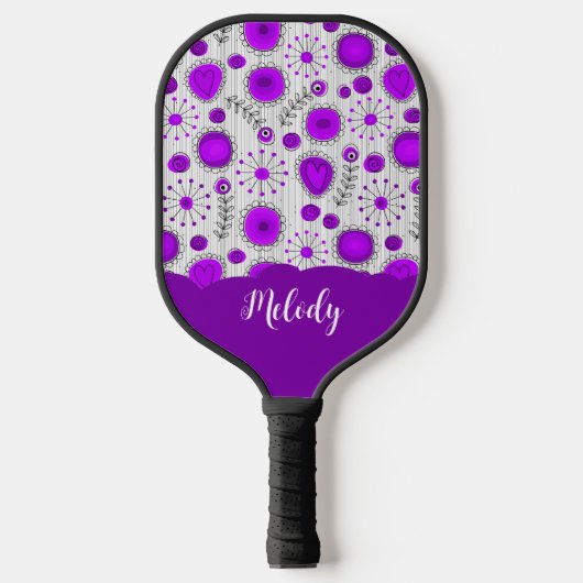 Grillige paarse witte harten bloemen bloem naam pickleball paddle (Voorkant)