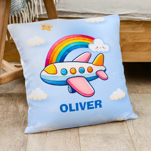 Grillige passagiersvliegtuig met regenboog kussen