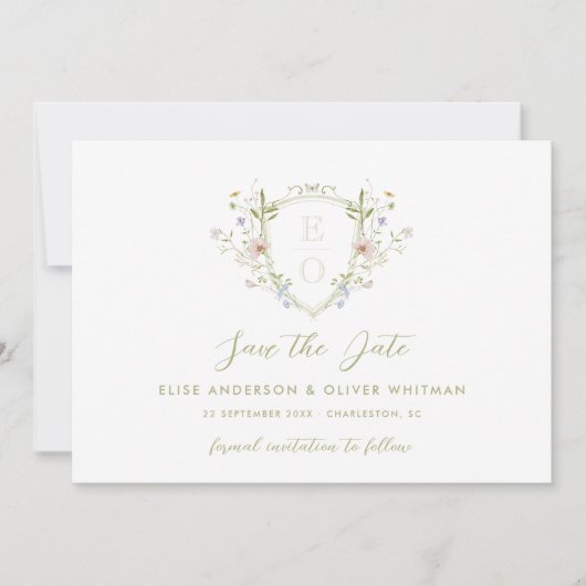 Grillige Pastelkleurige Wilde Bloemen Wapen Huweli Save The Date (Voorkant)
