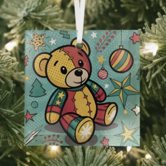 Grillige Patchwork Kerst Teddybeer Glas Ornament