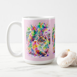Grillige Regenboog Waterverf Fluffy Kat in Winter Koffiemok