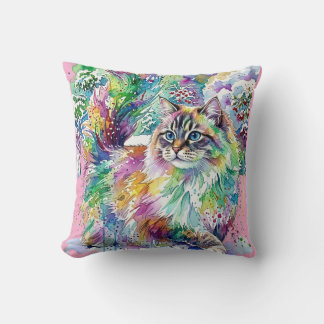 Grillige Regenboog Waterverf Fluffy Kat in Winter Kussen