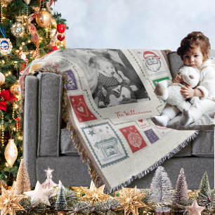 Grillige Retro Postzegel Kerst Illustratie Foto Deken