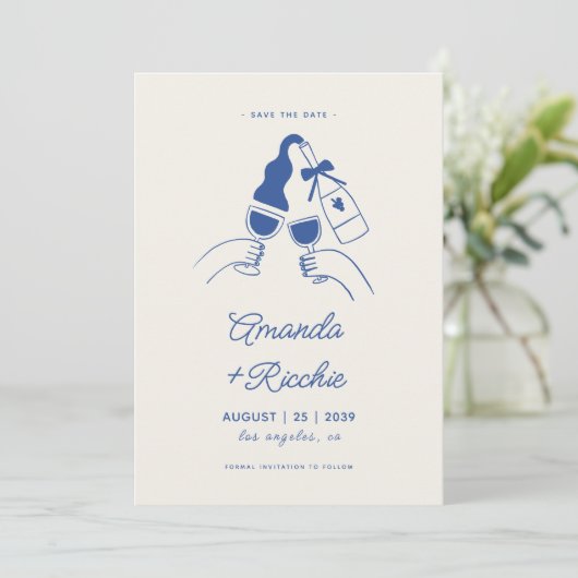 grillige retro speelse hand getrokken juichen brui save the date (Staand voorkant)