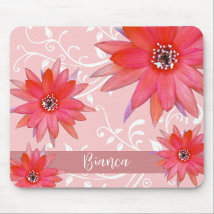 Grillige Rode Bloemen Draaierige Bladeren Roze Muismat