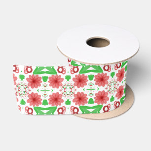 Grillige rode bloemen groene bladeren op witte kun lint