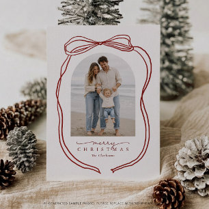 Grillige Rode Strik Eén Foto Kerstkaart Kaart