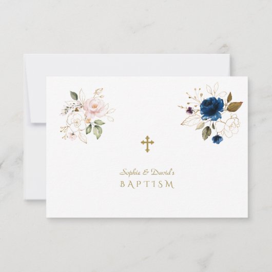 Grillige Roze Blauwe Gouden Bloemen Tweeling Doop Bedankkaart (Achterkant)