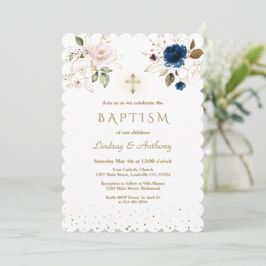 Grillige Roze Blauwe Gouden Bloemen Tweeling Doop Kaart (Staand voorkant)