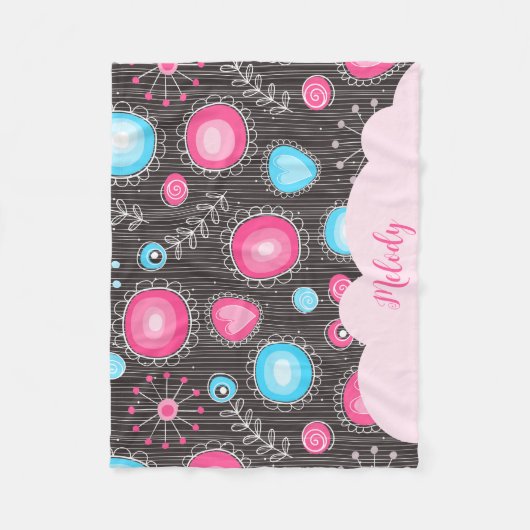 Grillige roze blauwe harten en bloemen bloemnaam fleece deken (Voorkant)