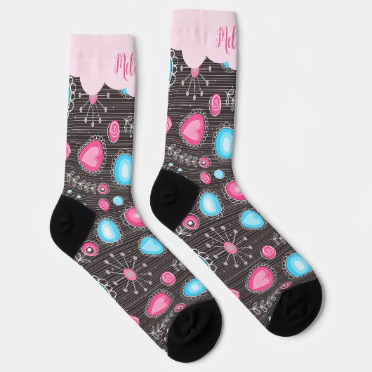 Grillige roze blauwe harten en bloemen bloemnaam sokken (Rechts)