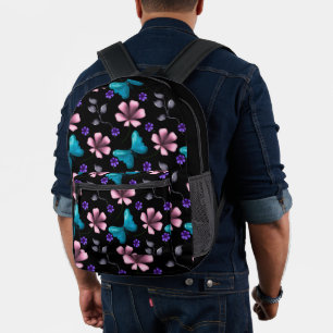 Grillige Roze Bloemen en Blauwe Vlinder Naadloos P Bedrukte Rugzak