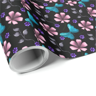 Grillige Roze Bloemen en Blauwe Vlinder Naadloos P Cadeaupapier