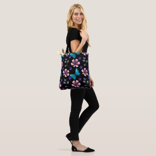 Grillige Roze Bloemen en Blauwe Vlinder Naadloos P Draagtas