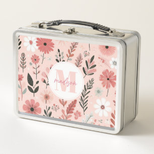Grillige Roze Bloemen Metalen Lunchbox