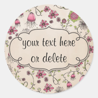 Grillige roze bloemen op beige ronde sticker