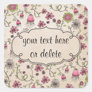 Grillige roze bloemen op beige vierkante sticker