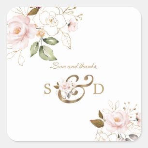 Grillige Roze Blush Gouden Bloemen Monogram Bruilo Vierkante Sticker