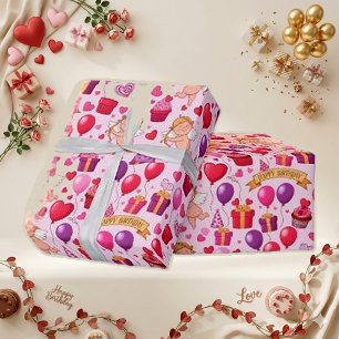 Grillige Roze Cupido Verjaardags Ballon Patroon Cadeaupapier