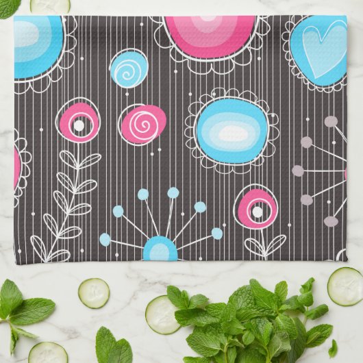 Grillige roze en blauwe harten en bloemen bloemmot theedoek (Gevouwen)