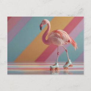 Grillige Roze Flamingo op Rolschaatsen Feestdagenkaart
