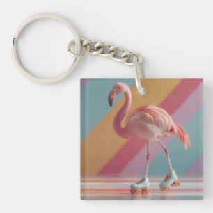 Grillige Roze Flamingo op Rolschaatsen Sleutelhanger