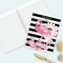 Grillige Roze Flamingo Zwart en Wit Gestreept Notitieboek