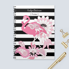 Grillige Roze Flamingo Zwart en Wit Gestreept Notitieboek