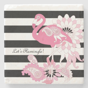 Grillige Roze Flamingo Zwart en Wit Gestreept Stenen Onderzetter