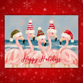 Grillige Roze Flamingo's in Kerstmannenhoeden Kers Feestdagen Kaart