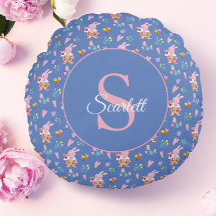 Grillige Roze Konijn & Bloemen Blauwe Monogram Rond Kussen