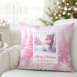 Grillige Roze Sneeuwman Winter Scene Kussen Cadeau