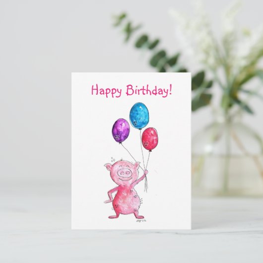 Grillige Roze Varken met Ballonnen Briefkaart (Staand voorkant)