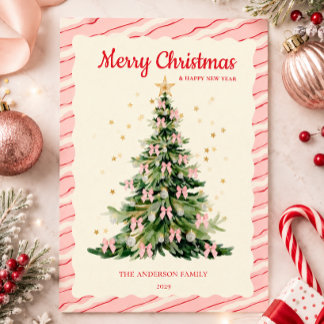 Grillige Roze Waterverf Kerstboom Feestdagenkaart