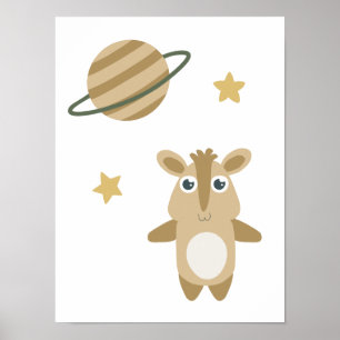 Grillige Ruimtedier Planeet Sterren Kinderen Poster