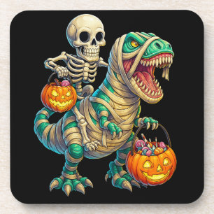 Grillige Skelet Rijdt Mummie T-Rex Halloween Bier Onderzetter
