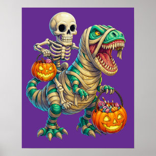 Grillige Skelet Rijdt Mummie T-Rex Halloween Poster