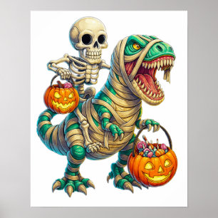 Grillige Skelet Rijdt Mummie T-Rex Halloween  Poster