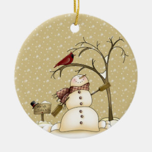 Grillige Sneeuwman en Rode Vogel Kerstmis Keramisch Ornament