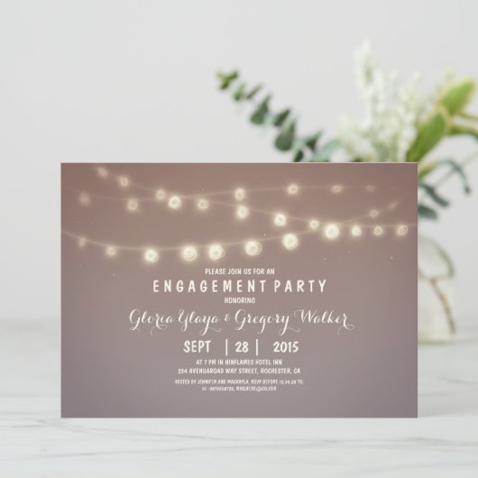 grillige string lights verlovingsfeest uitnodiging (Staand voorkant)