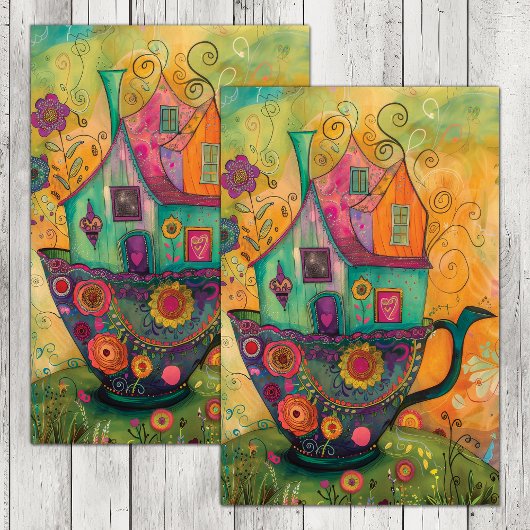 GRILLIGE THEE CUP HUIS DECOUPAGE TISSUEPAPIER